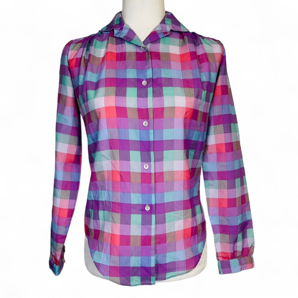Vintage 70s 80s Tucci Size 3 4 Button Down Plaid Shirt Top Pink Purple Green